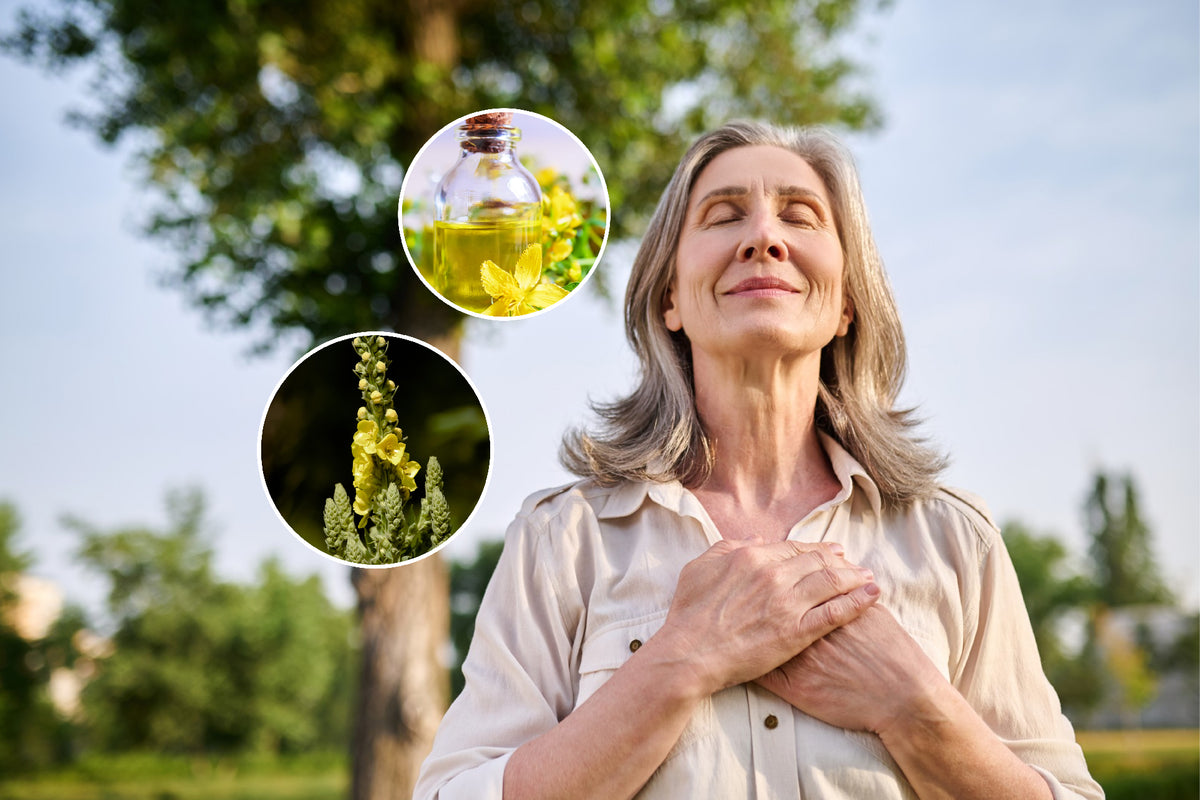 Woman breathing easily outdoors, with mullein flower inset