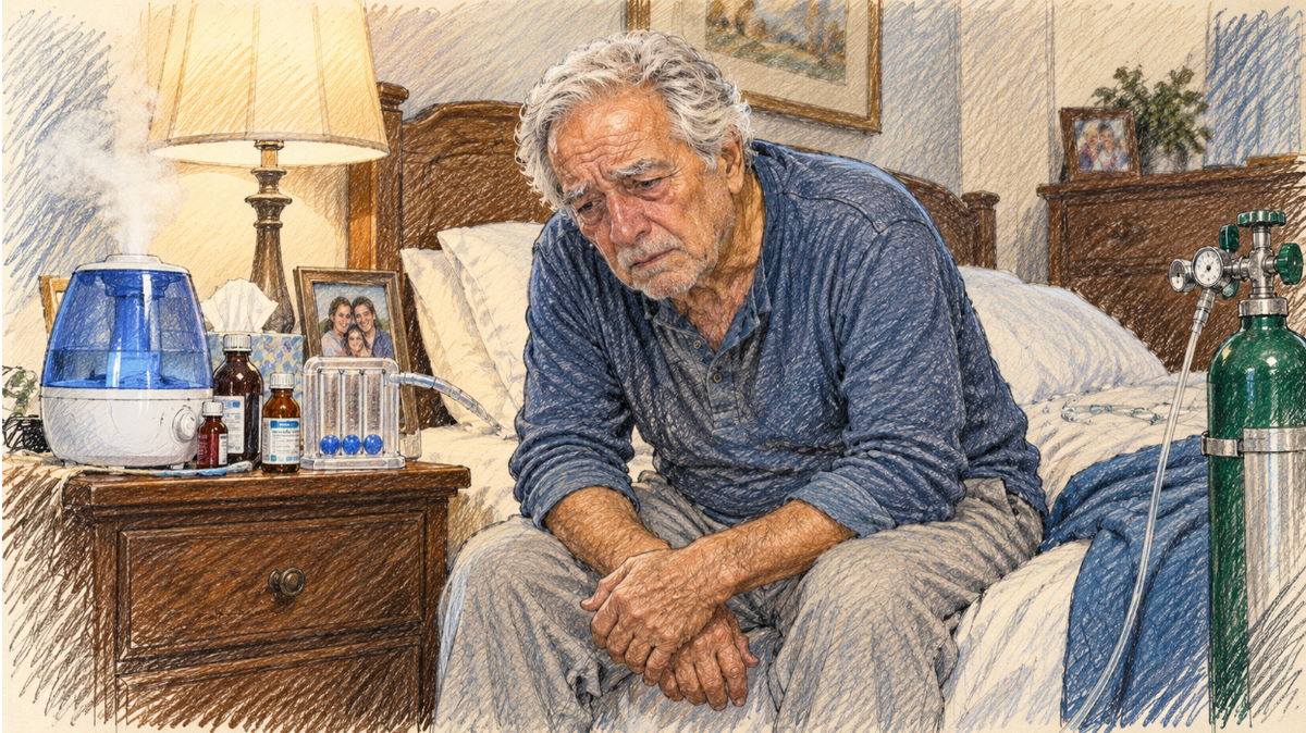 Michael sitting on the edge of his bed surrounded by remedies