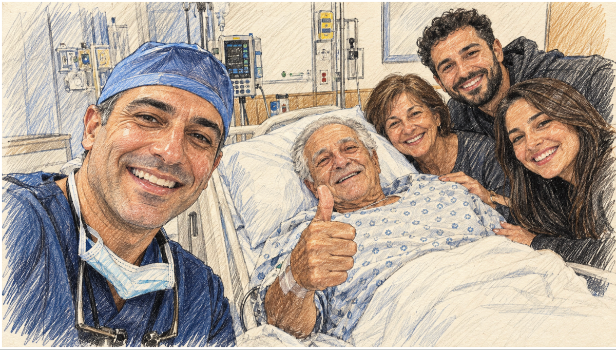 Dr. Ali selfie with Michael and his family at the hospital bed